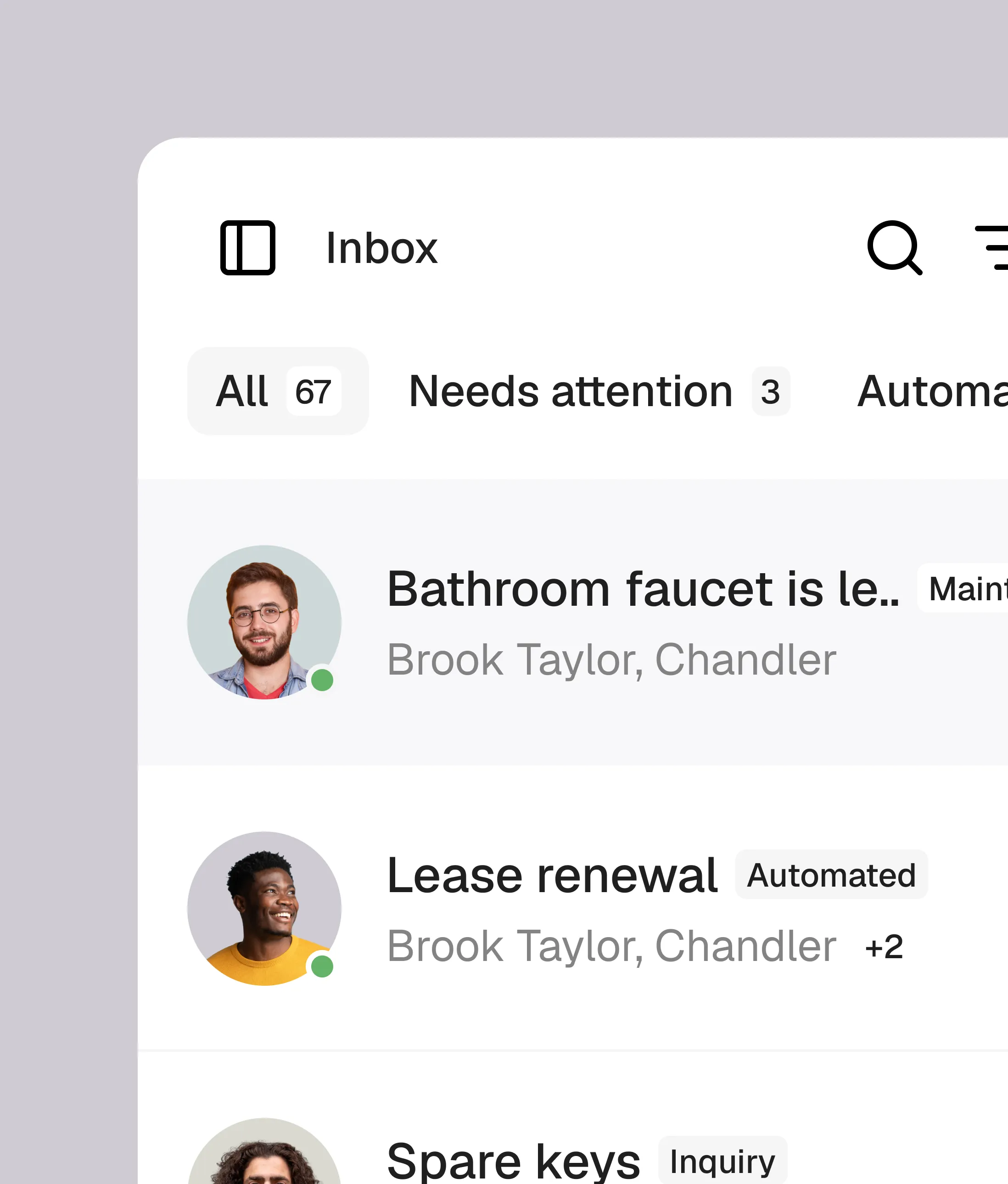Searchable list of SMS conversations between tenants and Chandler AI