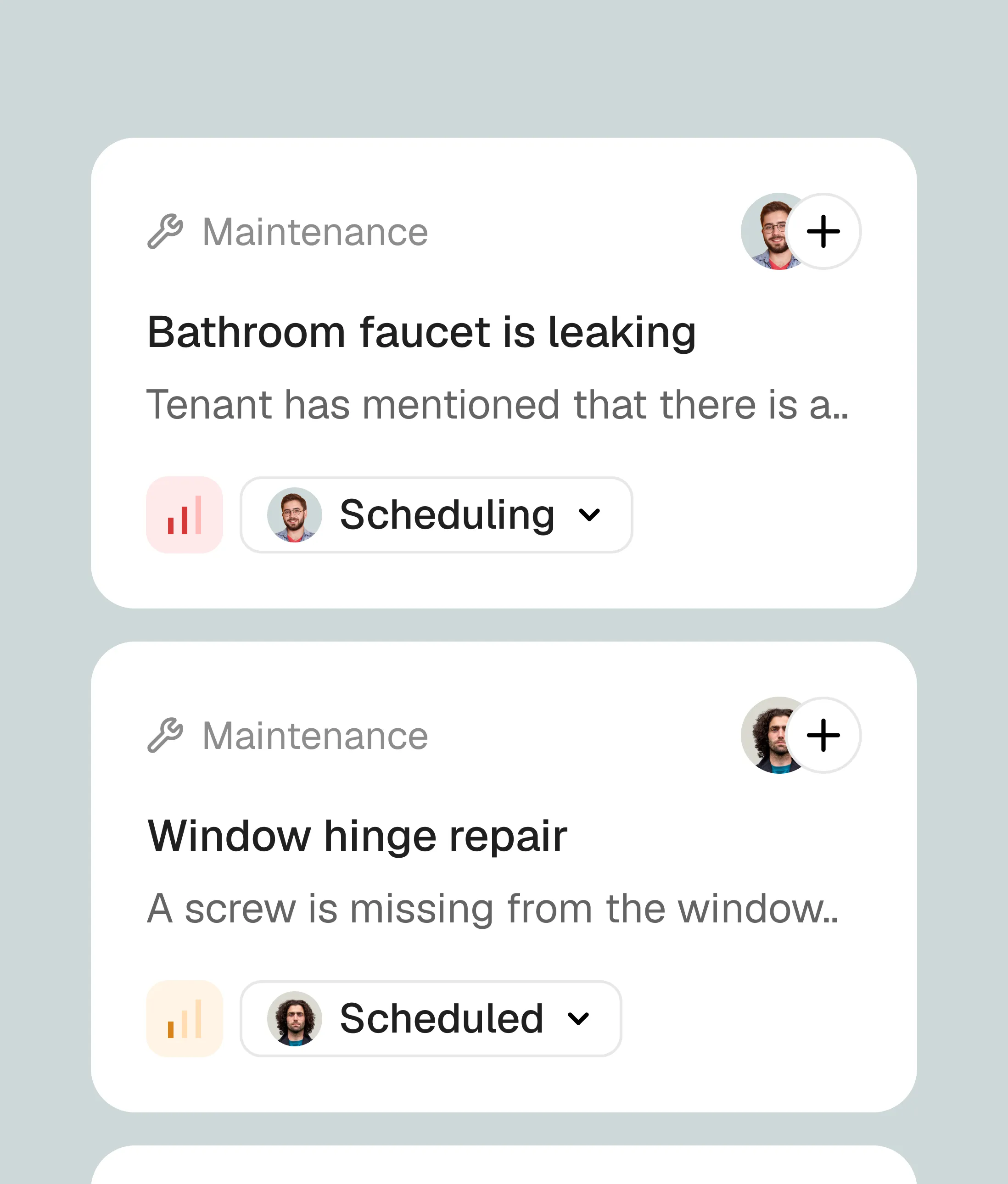 Maintenance request detail view with status tracking and history